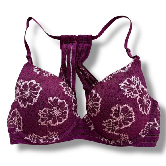 PINK Victoria's Secret Other - Victoria's Secret PINK 32D Purple & Pink Floral Lace Lightly Lined Racerback Bra